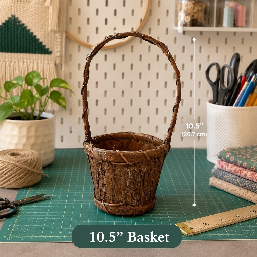 Vintage Rustic Tree Bark Basket with Tall Handle 10.5 Inch Brown Woodland Decor